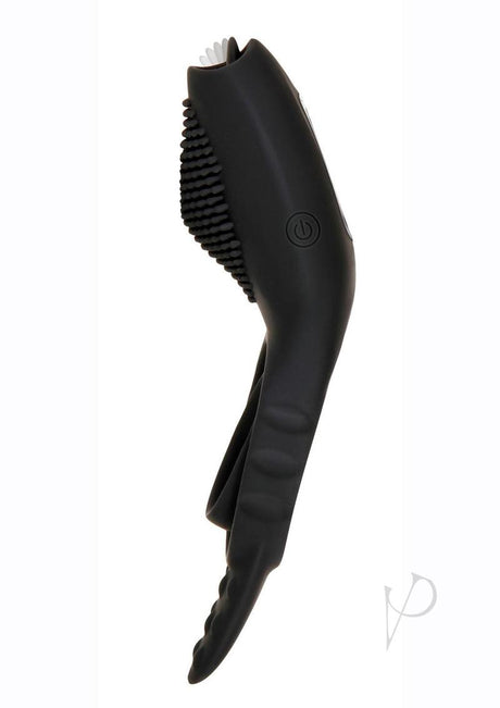 Mr Flicker Rechargeable Silicone Cock Ring Black side view with textured surface for enhanced stimulation.