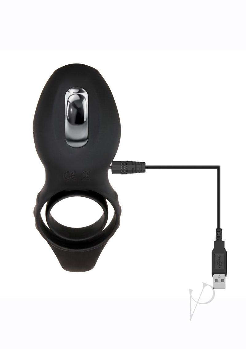 Mr Flicker Rechargeable Silicone Cock Ring Black with charging cable for enhanced couples play.