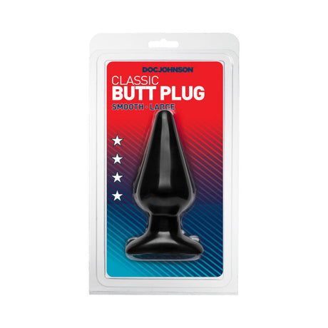 Doc Johnson Classic Butt Plug Large Black packaging featuring a smooth, tapered black butt plug.