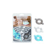 Spartacus Elastomer Cock Ring Set Black Blue Clear packaging featuring three skin-safe elastomer rings.