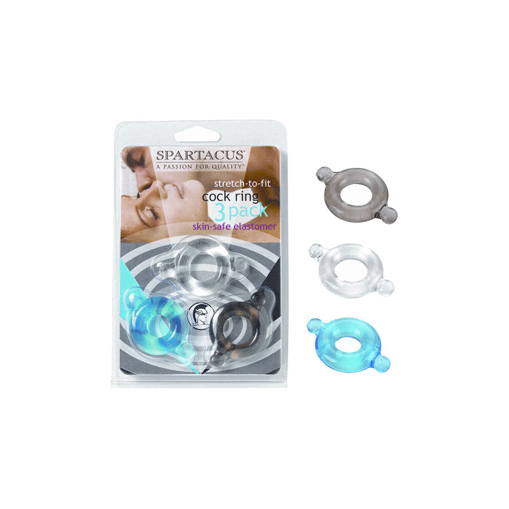 Spartacus Elastomer Cock Ring Set Black Blue Clear packaging featuring three skin-safe elastomer rings.