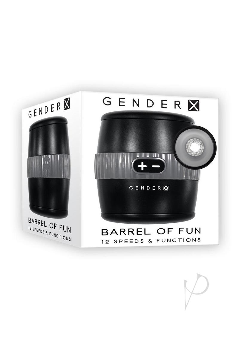 Gender X Barrel Of Fun Double Side Stroker Black product packaging showing 12 speeds and functions.
