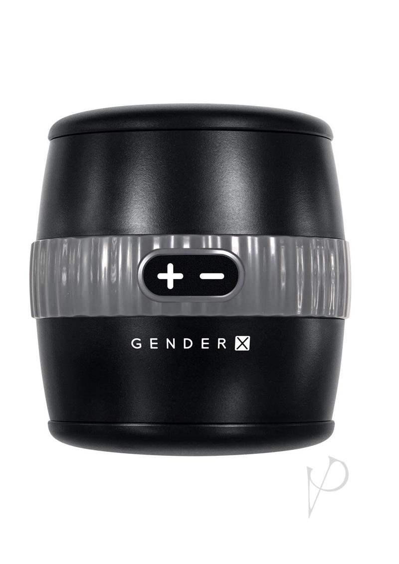 Gender X Barrel Of Fun Double Side Stroker Black, featuring an ergonomic barrel design and dual openings for customizable pleasure.