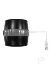 Gender X Barrel Of Fun Double Side Stroker Black, featuring a robust barrel shape with dual openings and USB connection.