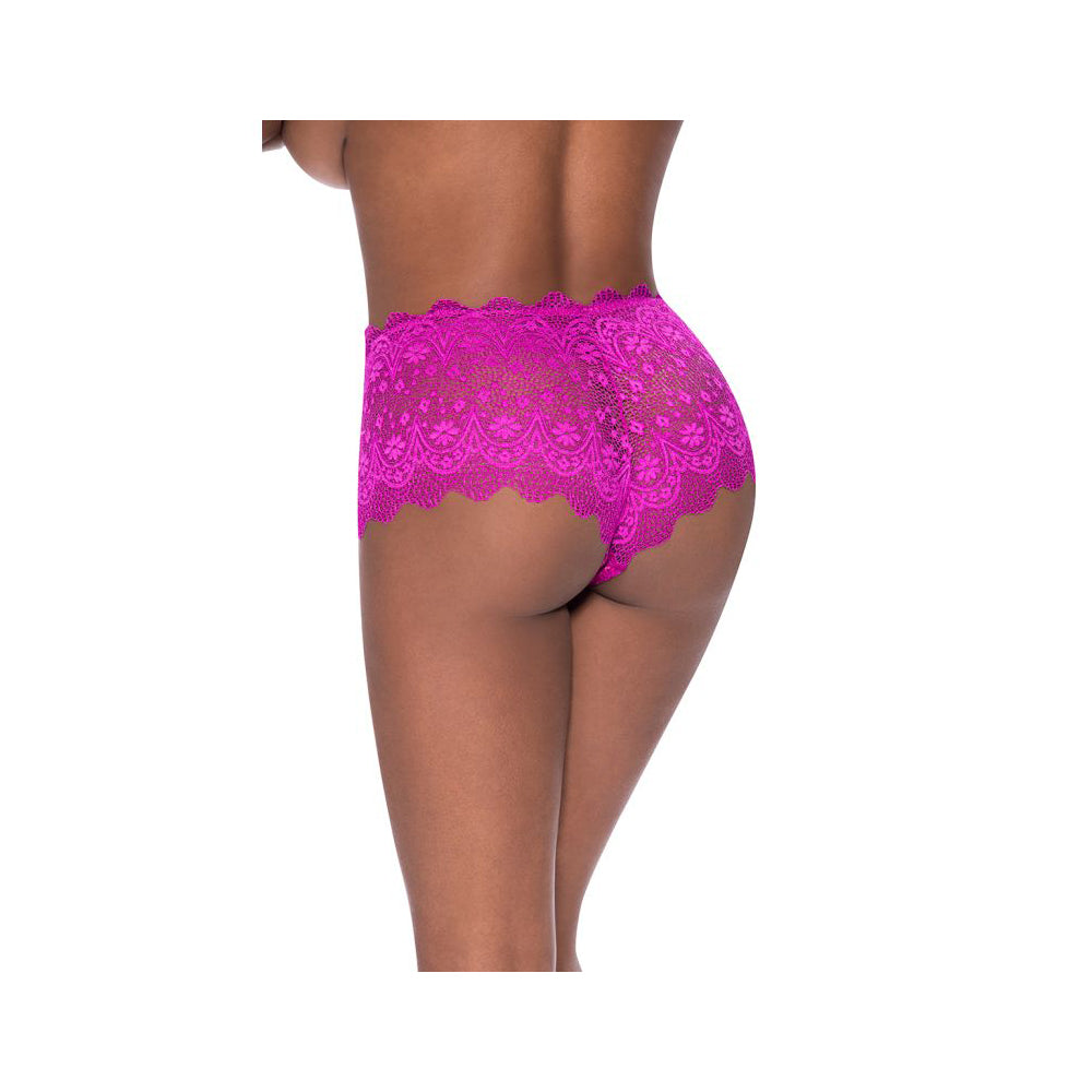 Split Crotch Lace Boy Short Raspberry S M in vibrant raspberry lace, showcasing a flattering cut and split-crotch design.