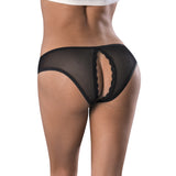 Back view of Magic Silk Soft Petals Crotchless Panty Black featuring floral mesh and lace detailing.