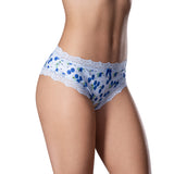 Sweet Treats Crotchless Boy Short with Lube Blueberry L XL showcased with a playful blueberry print and delicate lace trim.