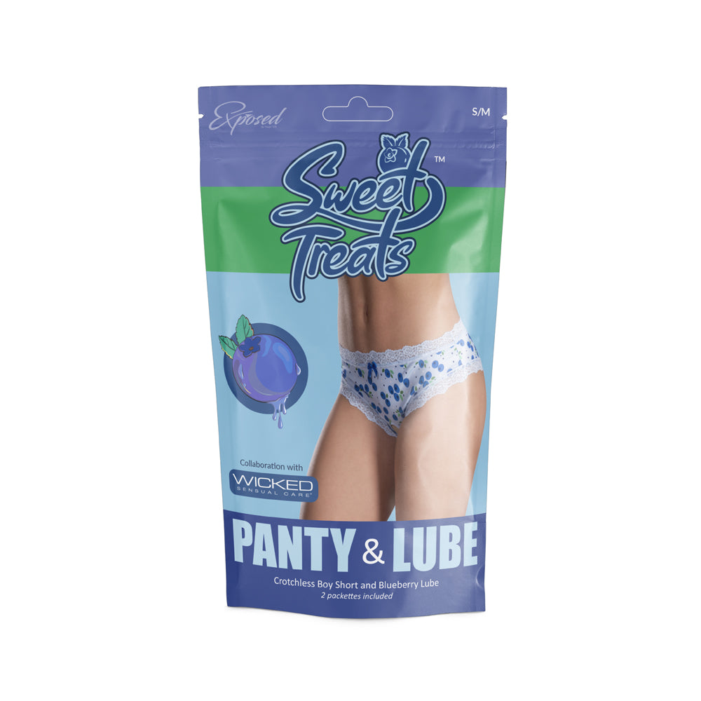 Sweet Treats Crotchless Boy Short with Lube Blueberry L XL packaging featuring playful blueberry design.