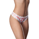 Sweet Treats Crotchless Thong with Lube Peach S M featuring playful peach print and lace trim.