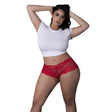 Sugar High Lace Boy Short Red Queen Size worn by model with white tee, showcasing vibrant red lace and playful details.