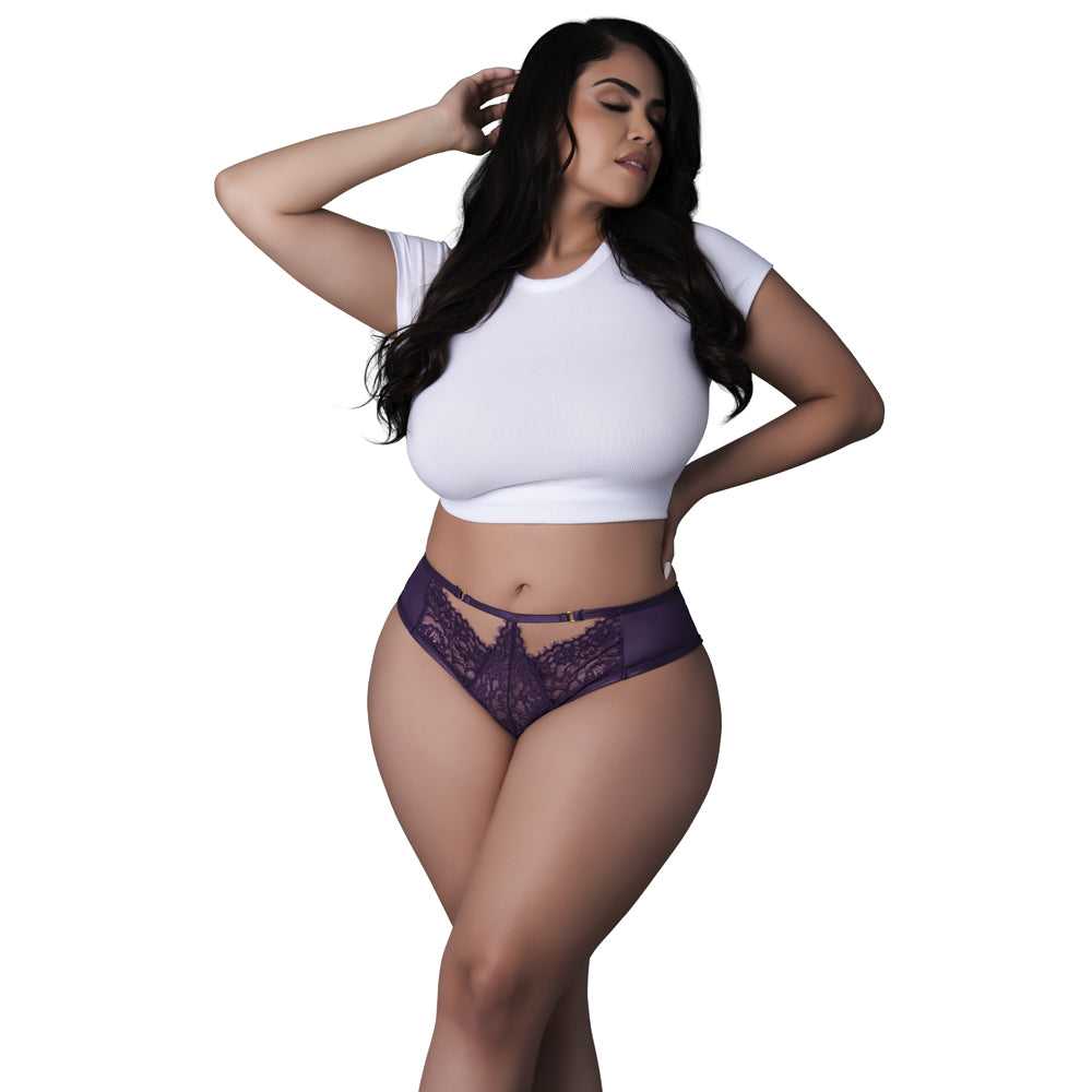 Magic Silk Leather & Lace Cheeky Hipster Plum Queen Size model showcasing the sexy lace and wet-look detailing.