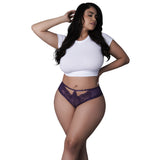 Magic Silk Leather & Lace Cheeky Hipster Plum Queen Size model showcasing the sexy lace and wet-look detailing.