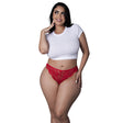 Sugar High Split Crotch Panty Red Queen Size displayed on model wearing a white crop top and showcasing bold red floral lace.