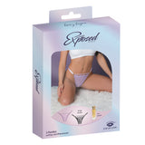 Magic Silk Pheromone Tanga Panty 2 Pack Lilac Black S/M packaging display featuring tanga panties and pheromone sample.