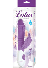 Lotus Sensual Massager No 4 Silicone Rabbit Vibrator Purple packaging showcasing its dual-motor design and textures.
