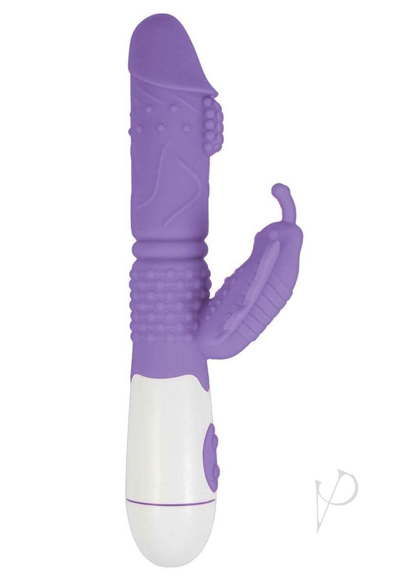 Lotus Sensual Massager No 4 Silicone Rabbit Vibrator Purple with butterfly-shaped clitoral stimulator and textured shaft.