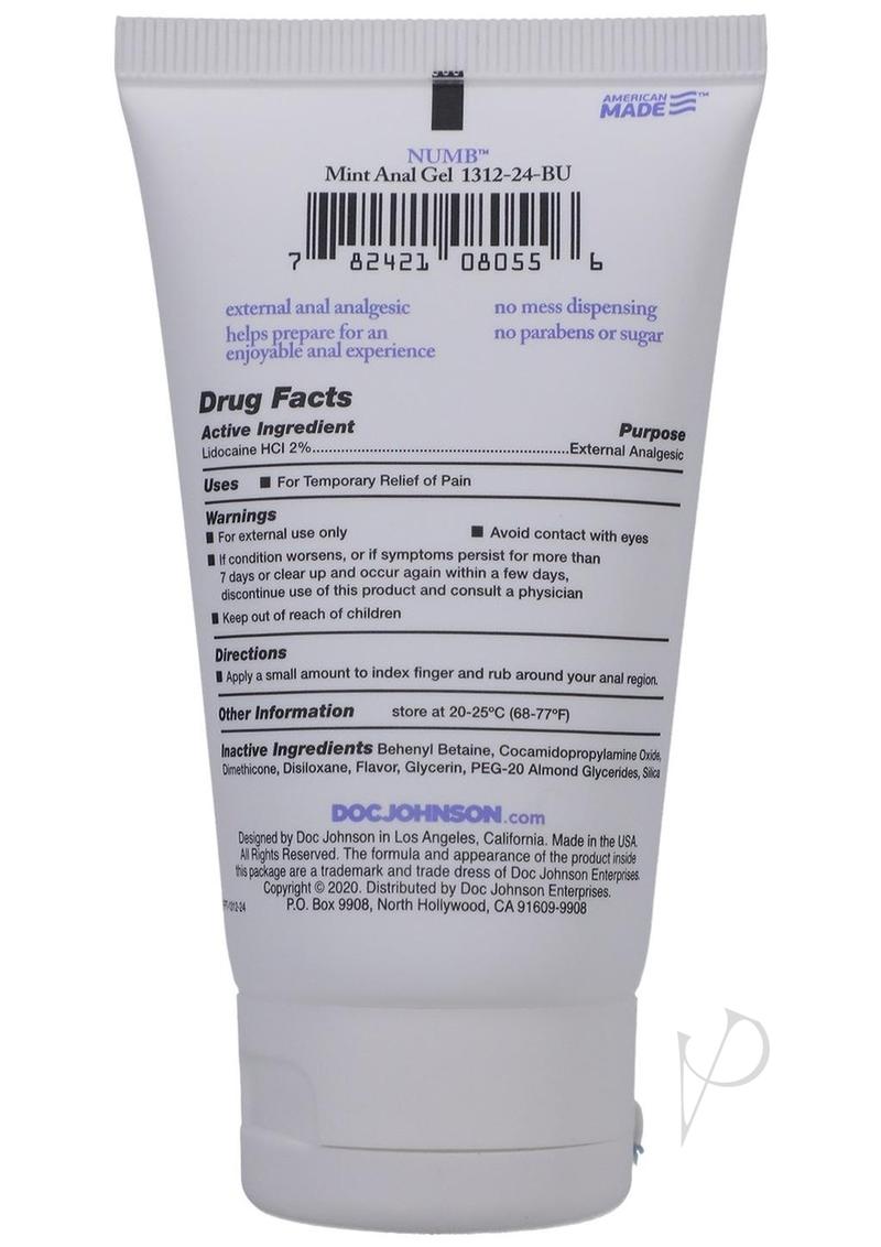 Intimate Enhancements Numb Anal Gel 2 Oz Mint packaging displaying active ingredients and usage instructions.