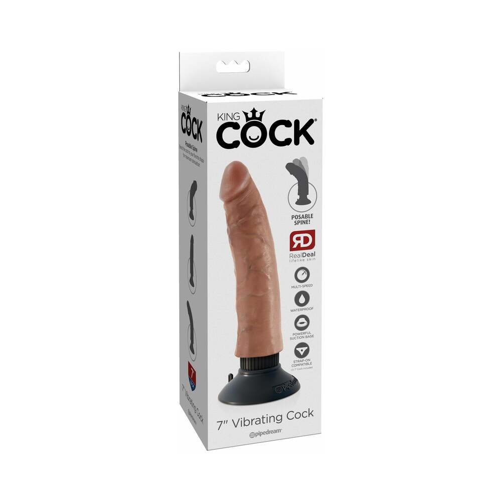 King Cock 7 inches Vibrating Cock Poseable Dildo With Suction Cup Tan