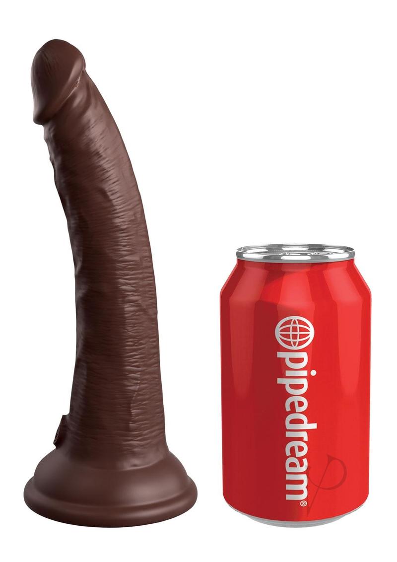 King Cock Elite Dual Density Silicone Dildo 7 inch Chocolate next to a soda can for size comparison.