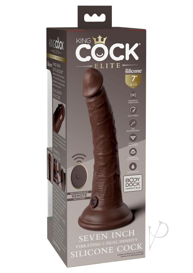 King Cock Elite 7 Inch Vibrating Silicone Dildo Chocolate in packaging showcasing its features and design.