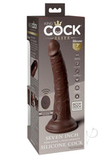 King Cock Elite 7 Inch Vibrating Silicone Dildo Chocolate in packaging showcasing its features and design.