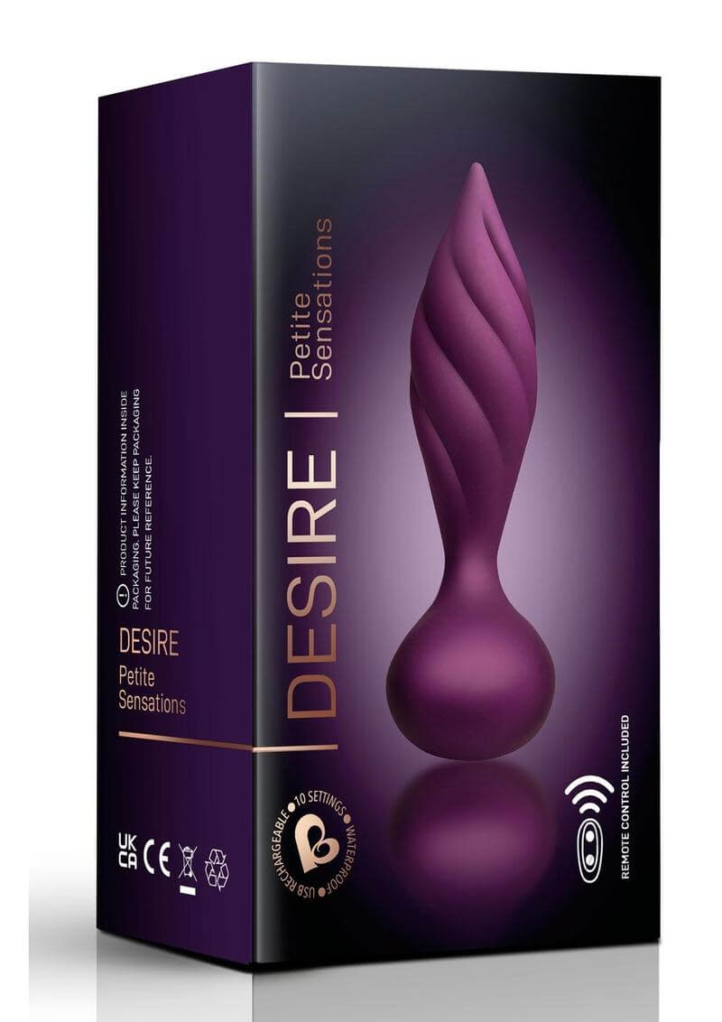 Rocks Off Desire Silicone Remote Anal Plug Rose Gold packaging featuring sleek design and elegant branding.