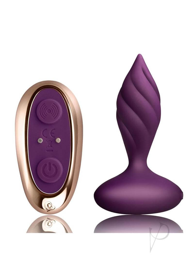 Rocks Off Desire Silicone Remote Anal Plug Rose Gold with purple remote and swirling design.