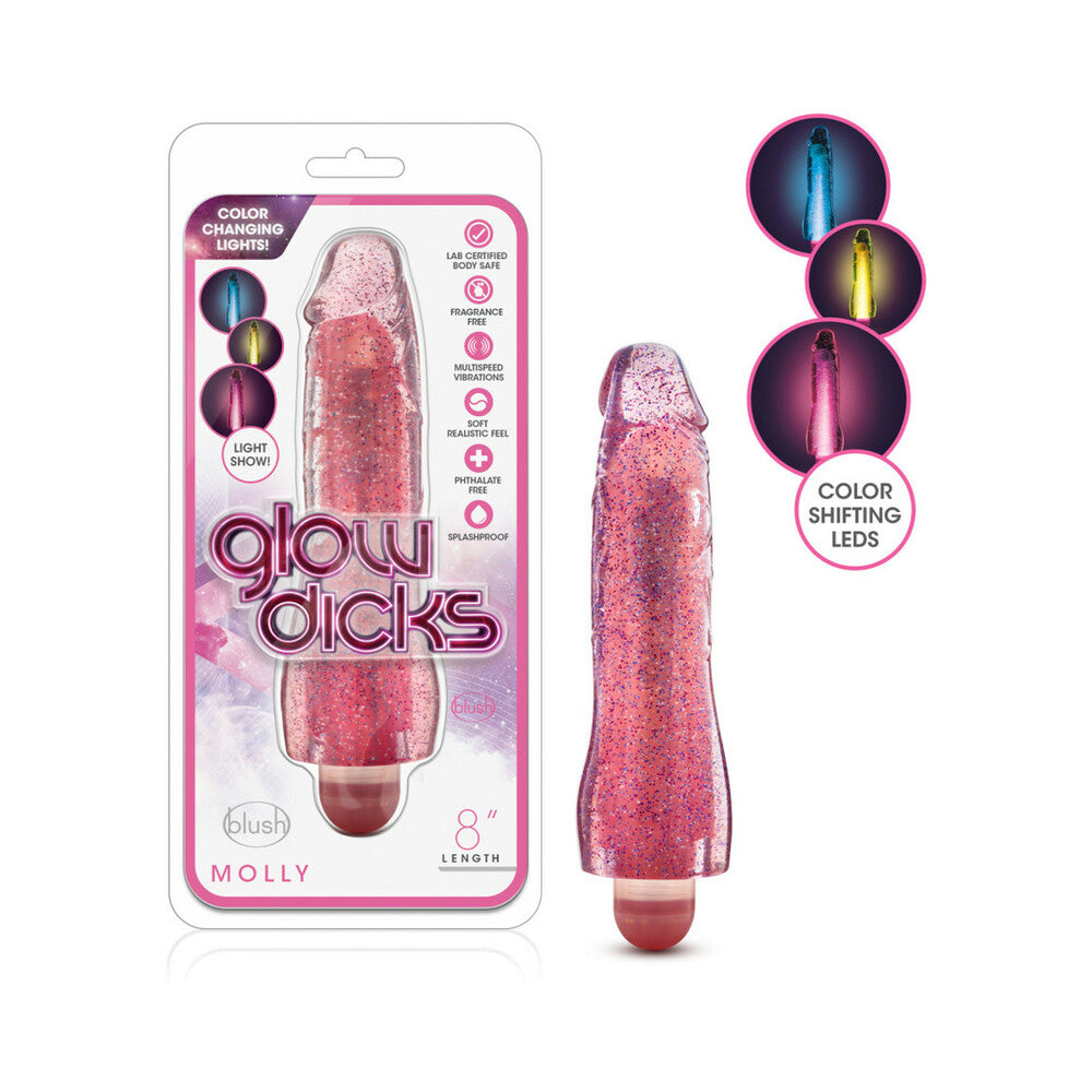 Blush Glow Dicks Molly Color Changing 8 inches Vibrating Dildo Glitter Pink