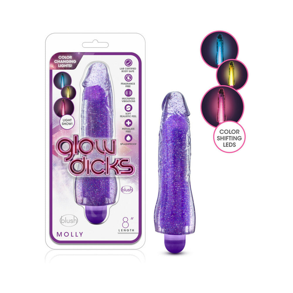 Glow Dicks Molly Color Changing 8 inches Vibrating Dildo Glitter Purple