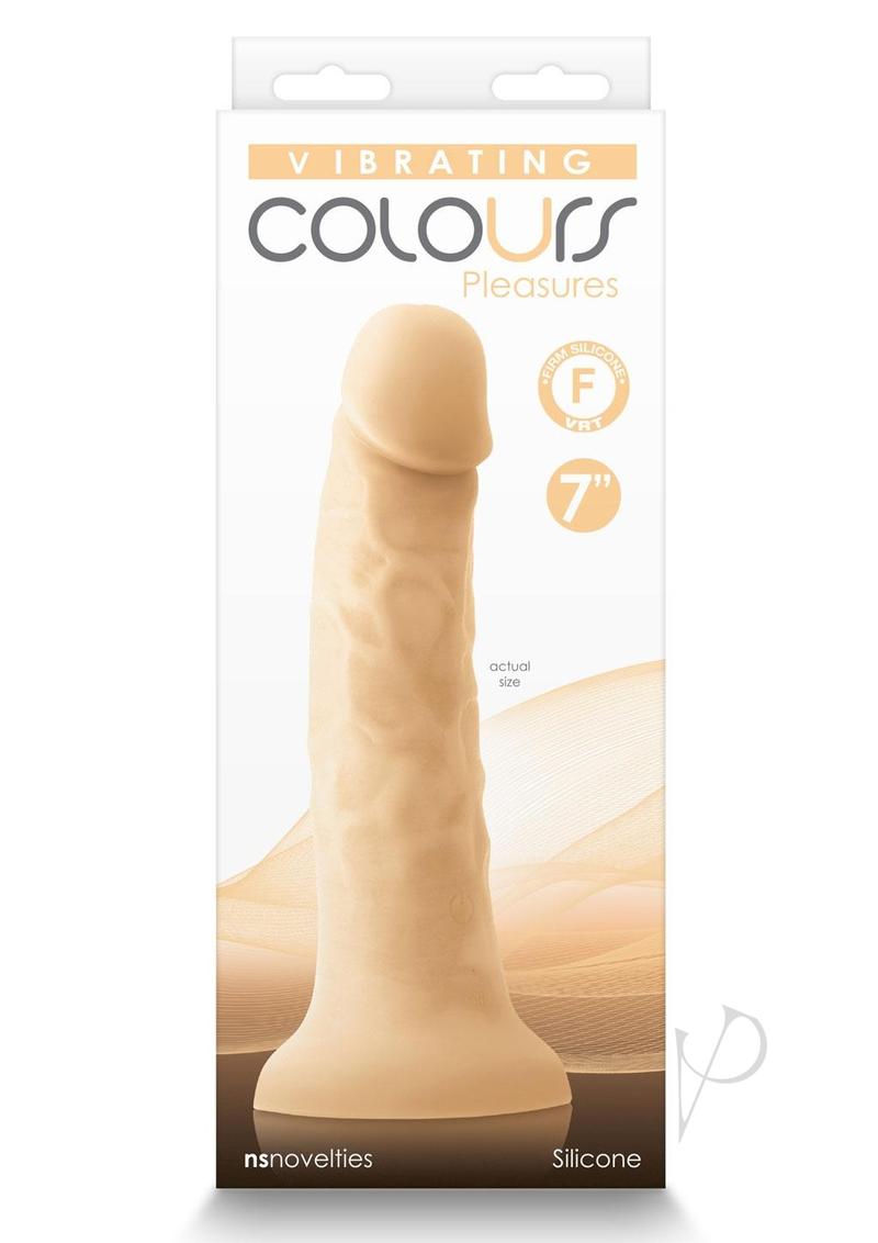 Colours Pleasures Silicone Vibrating Dildo 7 inch Vanilla on packaging showcasing realistic design and features.
