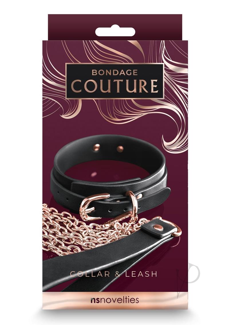 Bondage Couture PU Leather Collar and Leash Black packaging featuring collar, leash, and details.