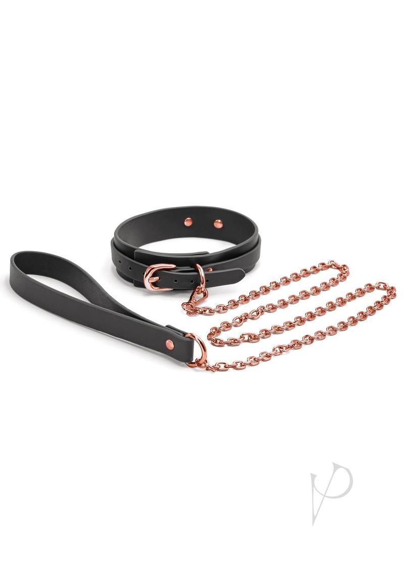 Bondage Couture PU Leather Collar and Leash Black with rose gold chain, stylish and edgy design for intimate moments.