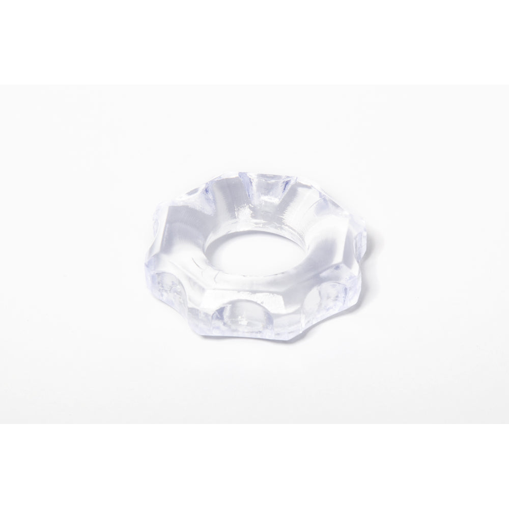 Rock Solid The Gear Cock Ring Clear, a clear industrial-shaped ring for enhanced erections.