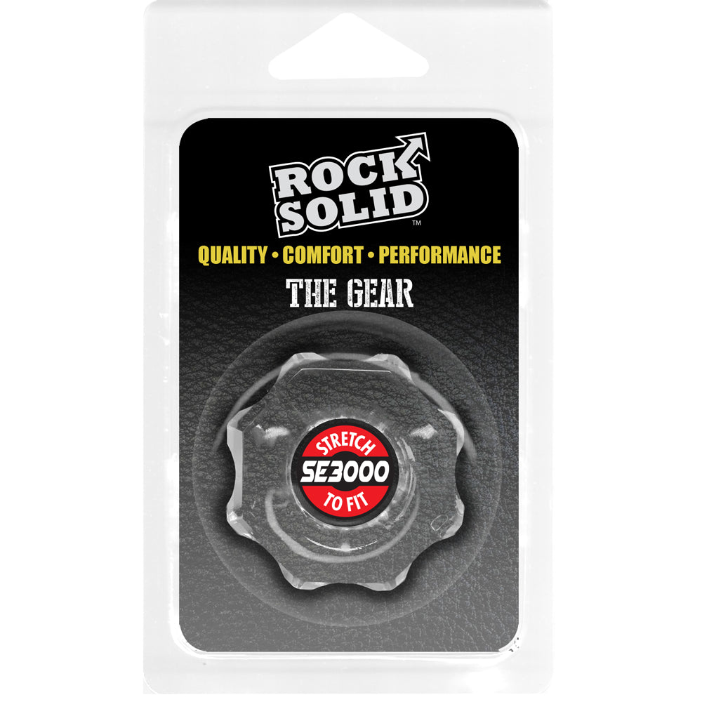 Rock Solid The Gear Cock Ring Clear packaging showcasing industrial design and comfort features.