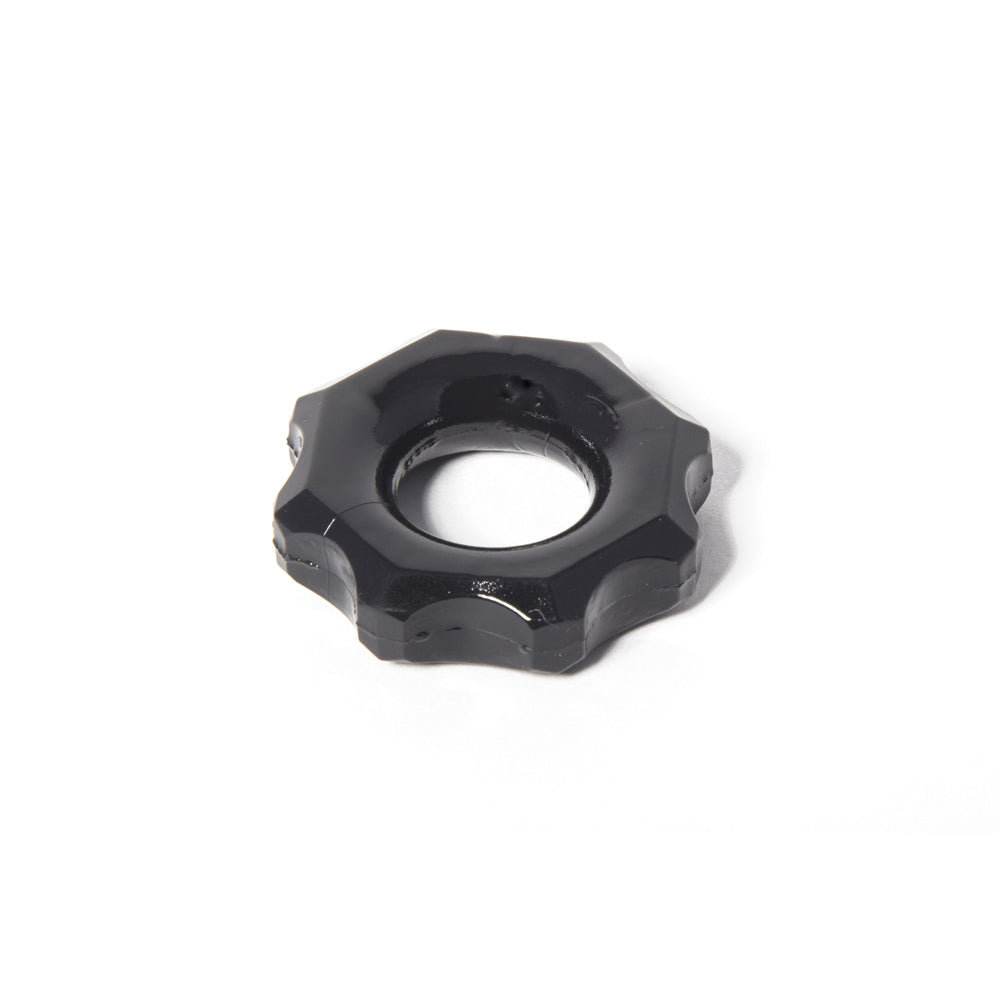 Rock Solid The Gear Cock Ring Black, industrial-shaped ring for firmer erections, gear-inspired design.