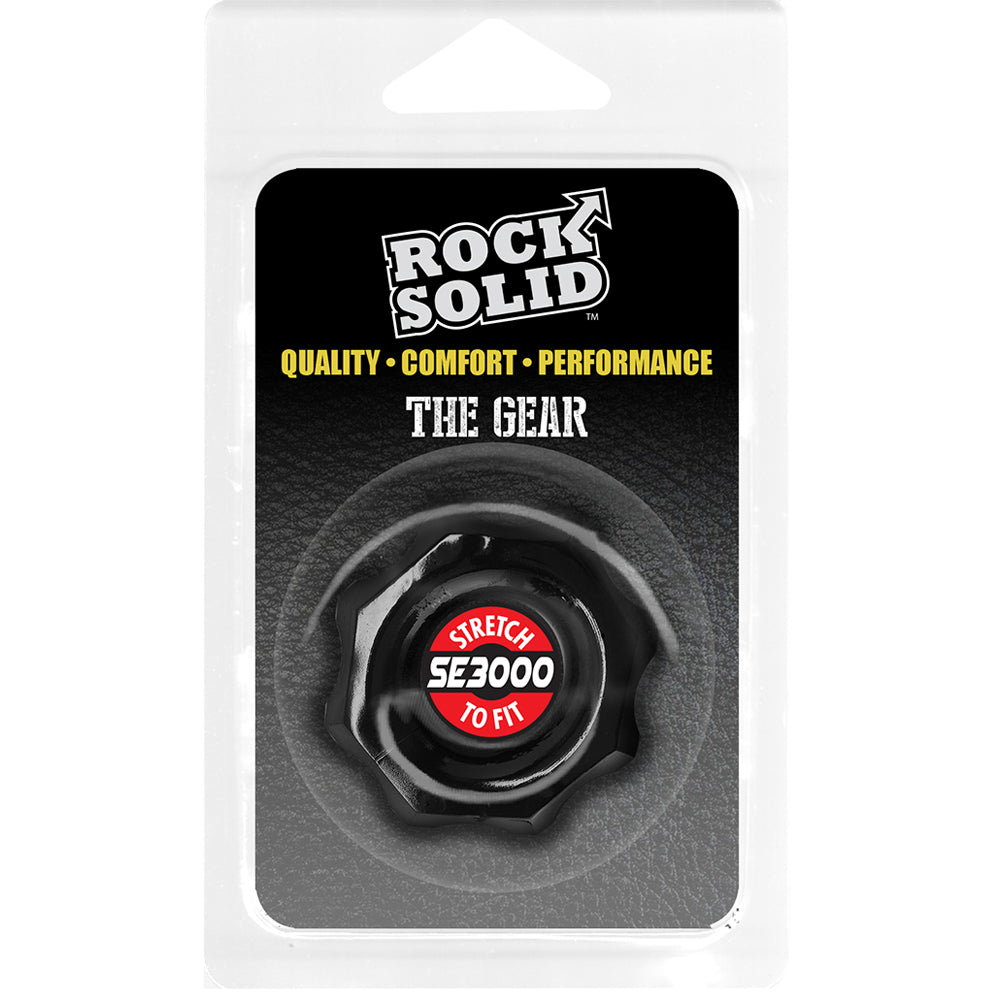 Rock Solid The Gear Cock Ring Black packaging showing SE3000 material and gear design for secure fit.