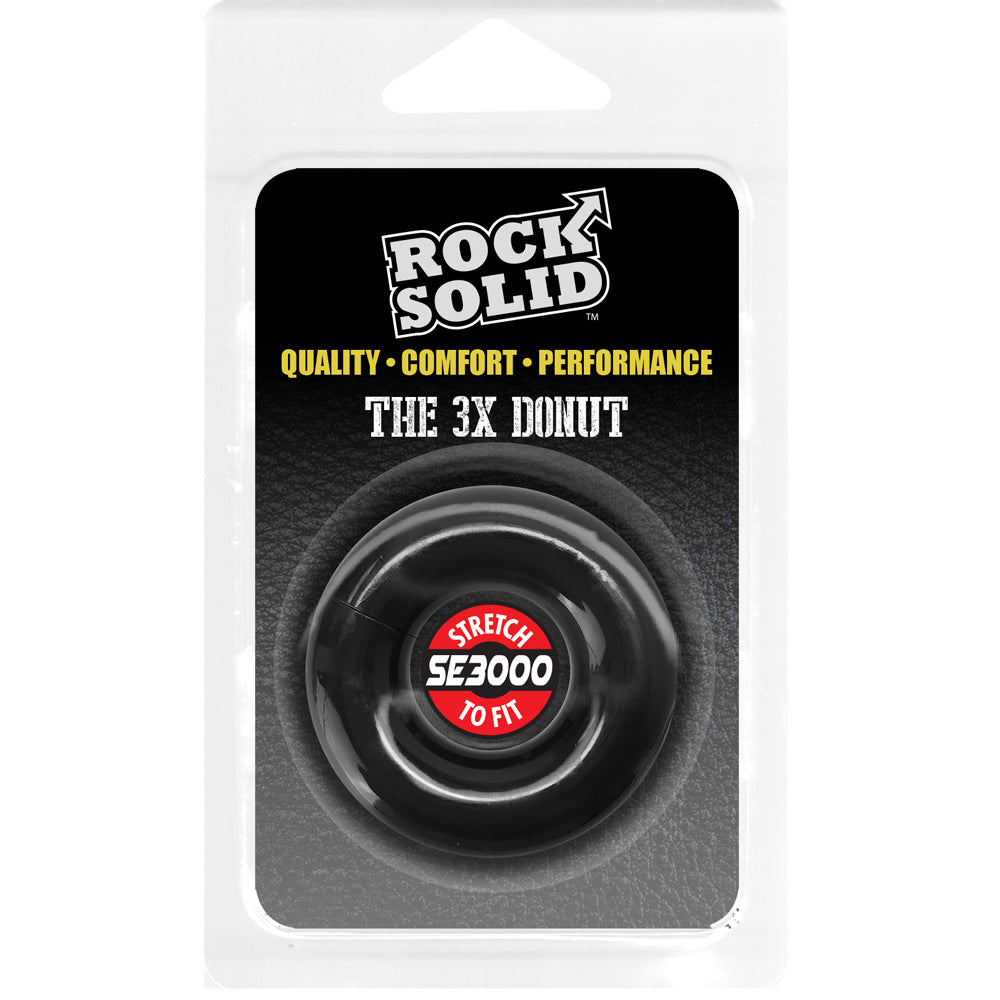 Rock Solid Donut 3X Stretchy Cock Ring Black packaging featuring quality comfort performance and stretch to fit design.