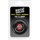 Rock Solid Donut 3X Stretchy Cock Ring Black packaging featuring quality comfort performance and stretch to fit design.