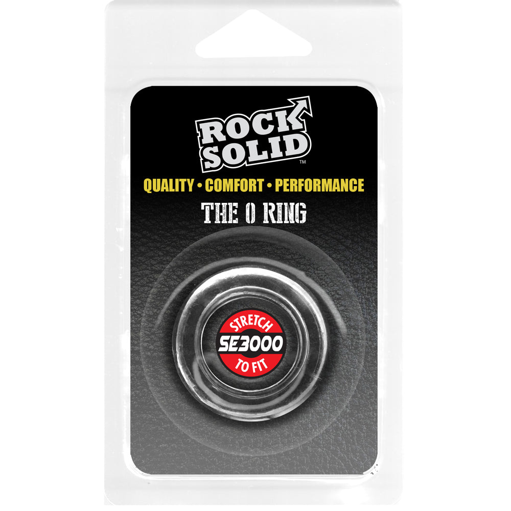 Rock Solid O Ring Cock Ring Clear packaging showcasing quality, comfort, and performance with stretchy fit design.
