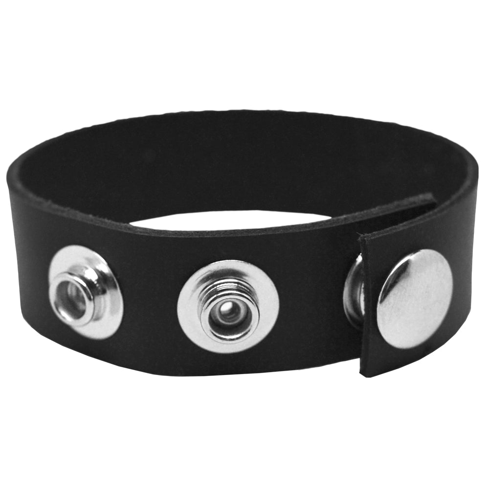 Rock Solid Leather 3 Snap Adjustable Cock Ring Black shown from the side, featuring three adjustable nickel snaps.