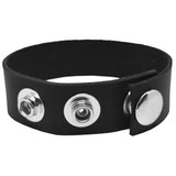 Rock Solid Leather 3 Snap Adjustable Cock Ring Black shown from the side, featuring three adjustable nickel snaps.