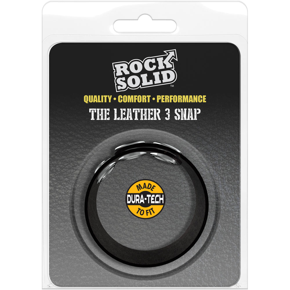 Rock Solid Leather 3 Snap Adjustable Cock Ring Black package featuring the adjustable leather ring.