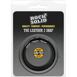 Rock Solid Leather 3 Snap Adjustable Cock Ring Black package featuring the adjustable leather ring.