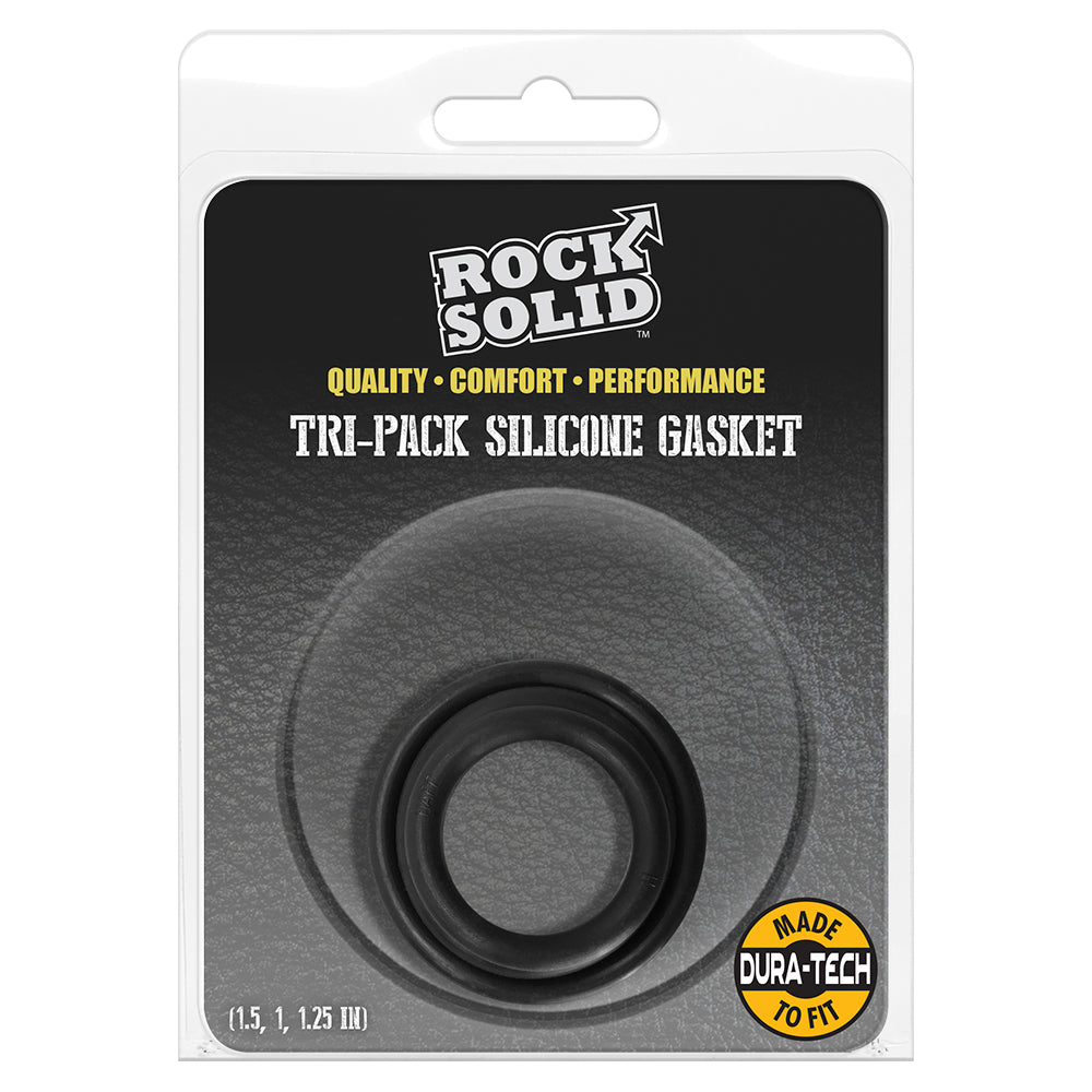 Rock Solid Tri-Pack Silicone Gasket Cock Ring Black packaging featuring three silicone rings for comfort and performance.