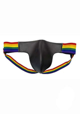Rouge Leather Jock with Pride Stripes Medium Multicolor featuring a black leather pouch and vibrant rainbow straps.