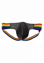 Rouge Leather Jock with Pride Stripes Medium Multicolor featuring a black leather pouch and vibrant rainbow straps.