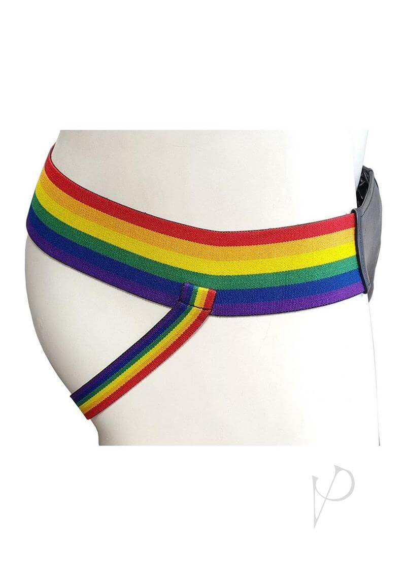Rouge Leather Jock with Pride Stripes Xtra Large Multicolor showcasing vibrant rainbow stripes on a jockstrap.