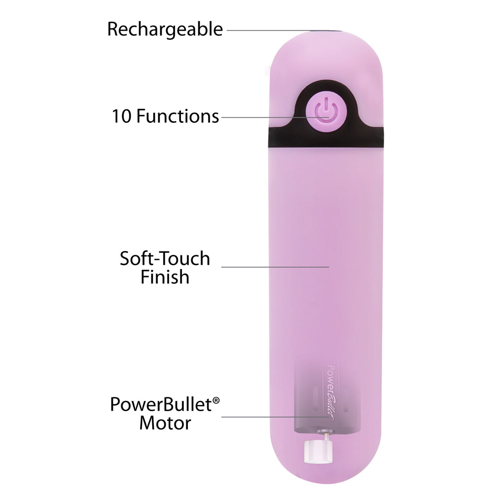 Powerbullet Simple & True 3.5 Inch Bullet 10 Function Purple features, including rechargeable, 10 functions, soft-touch finish.