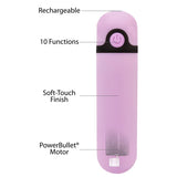 Powerbullet Simple & True 3.5 Inch Bullet 10 Function Purple features, including rechargeable, 10 functions, soft-touch finish.