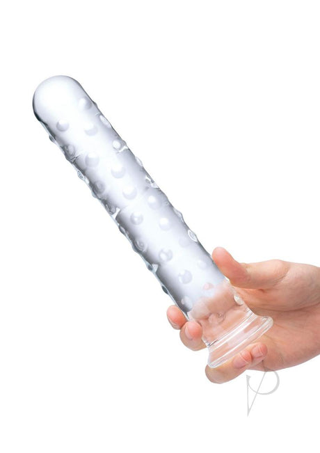 Glas Extra Large Glass Dildo 10 inch Clear held in hand displaying smooth design and ridged texture for stimulation.